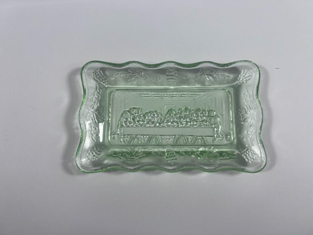 Vintage Green Glass Butter Coin Dish Tray the Last Supper 5.5"x3.25"